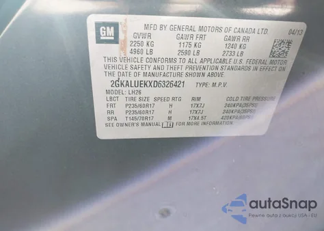 2013 GMC Terrain Slt-1 z USA, uszkodzony, nr VIN 2GKALUEKXD6326421